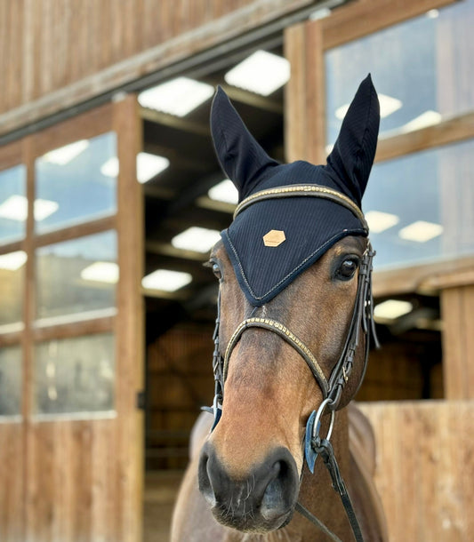 Bonnet Long Cheval Horses - Boucle Noir Complet, Respirant Et Élastique, Protection Insectes, Bruit Et Chaleur